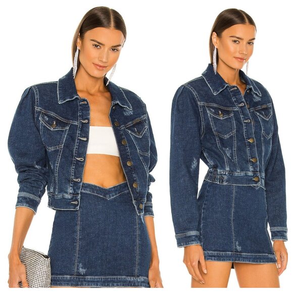 Retrofete Destiny Dark Blue Distressed Cropped Padded Shoulder Denim Jean Jacket - Picture 1 of 7
